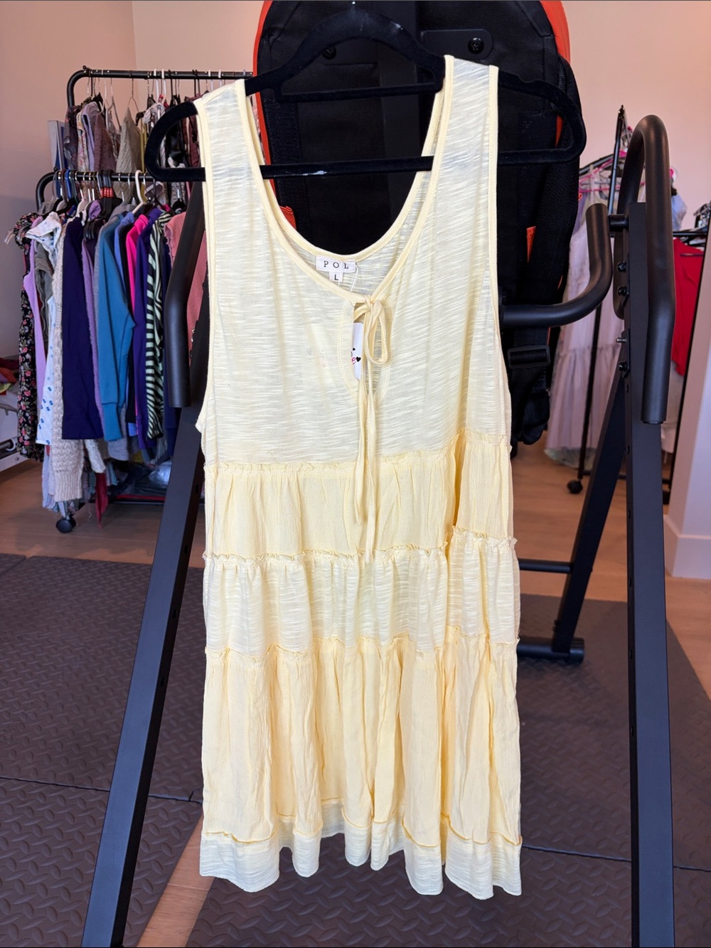 POL Pale Yellow Sleeveless Tiered Mini Dress with Front Tie